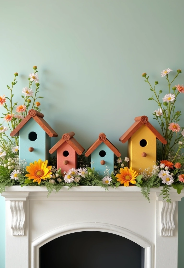 20 Spring Mantel Decorating Ideas That Will Make Your Living Room Bloom! - 11. Charming Birdhouses