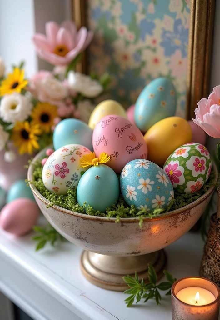 20 Spring Mantel Decorating Ideas That Will Make Your Living Room Bloom! - 17. Bright Holiday Egg Display